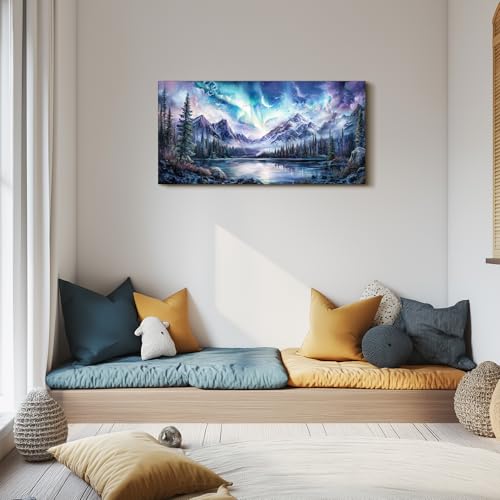 SERIMINO Aurora Landscape Large Wall Art, Mountain Forest Lake Nature Decor Art Prints, Fantasy Nightscape Artwork for Walls, Moonlit Night Canvas Art Wall Decor Living Room Bedroom Office 20"X40"