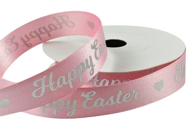 10 Metre Roll x 15mm Happy Easter Heart Satin Ribbon - with a Beautiful Gold/Silver Happy Easter Design - for Gift Wrapping, Decoration, Party Etc - Available in Aqua, Blue & Pink (Pink)