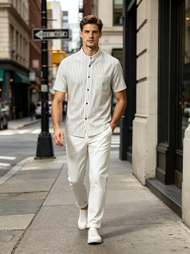 BAYAMO Men's Banded Collar Stripe Shirt,Mandarin Collar Short Sleeve Button Down Shirts Collarless Tops with Pocket for Casual & Business (White M) — view 6