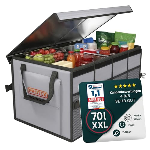 PROTEX Kofferraum Organizer [Testsieger 2025] 70 L Kühltasche - Faltbare Kofferraumtasche mit Deckel - XXL Kofferraumbox mit Wärme- & Kältedämmung - Praktisch & Wasserdicht (grau)