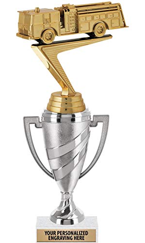 Crown Awards Fire Truck Trophy, 11" Silver Cup Fire Truck Trophies Includes Free Engraving, 10 Pack