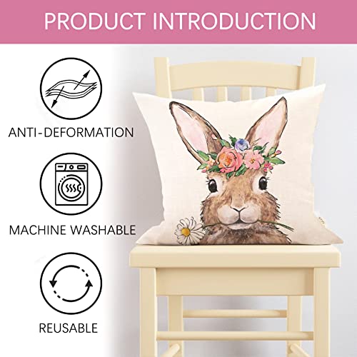Fjfz Happy Easter Bunny Egg Decorative Throw Pillow Covers 18 X 18 Set Of 4, Hello Peeps Religious Pink Stripe Rabbit Porch Home Decor, Floral Wreath Farmhouse Outdoor Sofa Couch Cushion Case #TOP2
