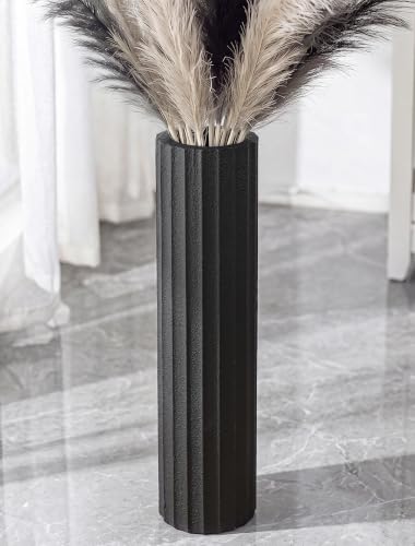 Image of Hanobe Black Large Floor Vase: 55cm Tall Vases Floor Standing for Modern Living Room Corner Fireplace Home Decor Textured Fluted Decorative Wooden Flower Vase for Pampas Grass