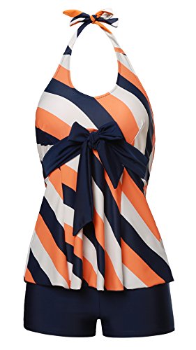 MiYang Women's V Neck Tankini Swimdress Two Piece Tummy Control Swimsuit Floral Swimwear with Boyshort Orange Large (US 12-14)