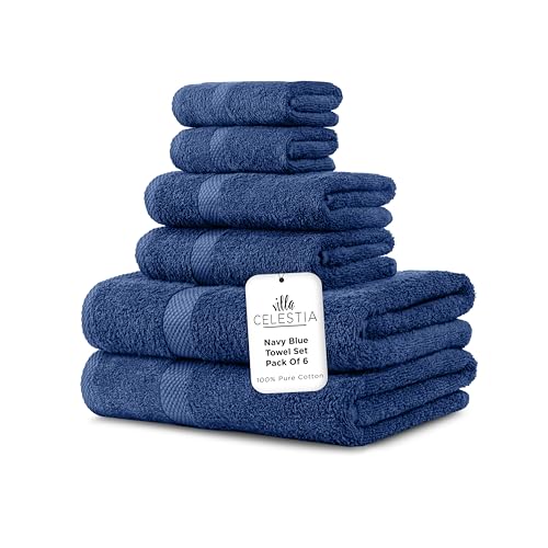 100% Combed Cotton Bathroom Towel Set of 6-2 Bath Towels, 2 Hand Towels, 2 Wash Cloths, Sustainable, Soft, Highly Absorbent 6 Piece Cotton Bath Towel Set for Hotels, Spa, Bathroom, Dorm, Navy Blue