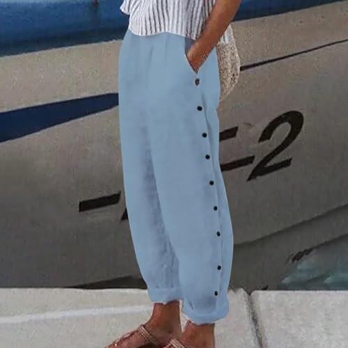 Cotton Linen Pants for Women Striped Print Side Button Pants Baggy Elastic Waist Straight Leg Trousers w Pocket2