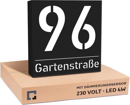 PRINTIMA Premium Gravur Personalisierter Hausnummer Schwarz Beleuchtet Led Strom 230V, Hausnummernschild mit Dämmerungssensor |30x30cm, 4W/A+++| Wasserdicht, Funktion trifft auf Qualität und Stil