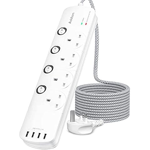 Extension Lead with USB Slots, 4 Way Socket Outlets Power Strips with 4 USB (4.5A) Surge Protection Plug Extension with 1.8 Meter Braided Extension cord for Home Office, Individually Switched White Cover