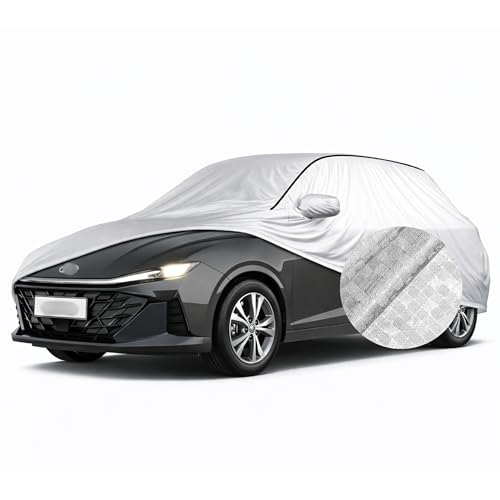 Image of SEAZEN Waterproof Car Cover for Hyundai Fluidic Verna 4S | Dustproof, UV & Scratch Resistant Soft Cotton Lining | Triple Stitched, Mirror Pockets & Elastic Hem | Metallic Silver with Black Piping