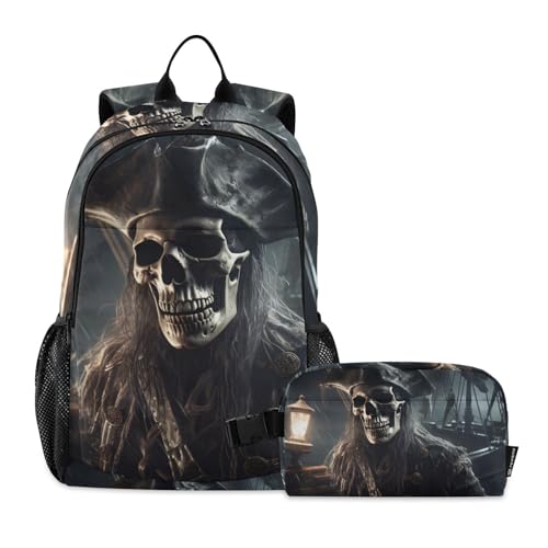 Skeleton Pirate Backpack Lunch Bag Set for Travel Hiking Picnic, Backpacks with Insulated Lunch Box