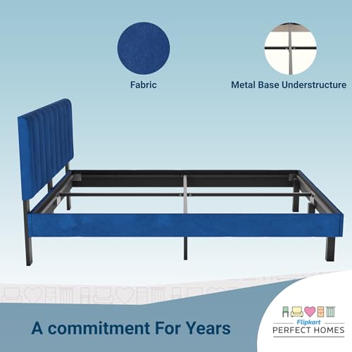 Image of Wooden Modern Upholstered King Size Bed for Bedroom | Wooden Double Bed Without Storage | Platform Cot Upholstered Bed with Upholstery Fabric | Engineered Wood | 6.5 x 6 Ft | Blue-A