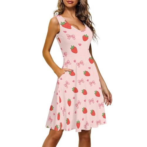 Image of Women's Casual Loose Sundress Midi Sleeveless Crewneck Dress Summer Beach Tank Dress with Pockets