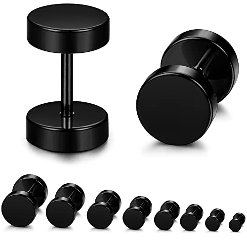 YADOCA 8 Paires Boucles d'Oreilles Noir pour Hommes Femmes Acier Inoxydable Hypoallergénique Faux Plug Haltère Barbell Boucles d'Oreilles Hommes Ensemble 3mm-10mm