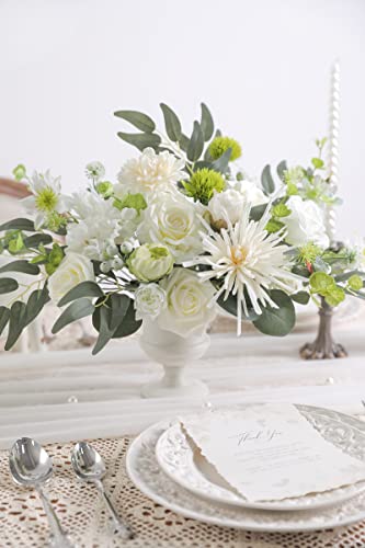 Ruidkun White Artificial Flower Box Set Silk Fake Flowers For Diy Centerpieces Cake Decorations, Wedding Bouquets, Boutonnieres, Home Decor (White Green) #TOP1