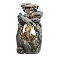 Alpine Corporation 41" Tall Outdoor Cascading Rainforest Rock Waterfall Floor Fountain with LED for Gardens, Patios, and Yards, Brown
