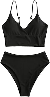 Zaful Ribbed Solid Choir Shirt High Leg Cut High Waist Tankini Set Padded Two Piece…