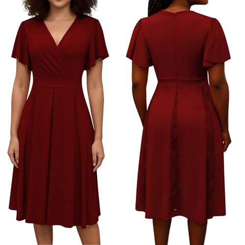 Image of Womens Burgundy Cocktail Prom Dresses 2025 Summer Sexy V Neck Lace Maternity Clothes Formal Wrap Wedding Guest Bridesmaid Midi Dress,XX-Large