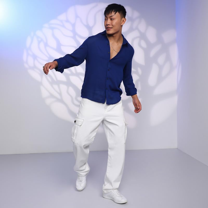 Image of CAHOOT Men's Veined-Textured Shirt | Casual Wear | Spread Collar | Long Sleeve | Button Closure | Shirt Crafted with Comfort Fit for Everyday Wear