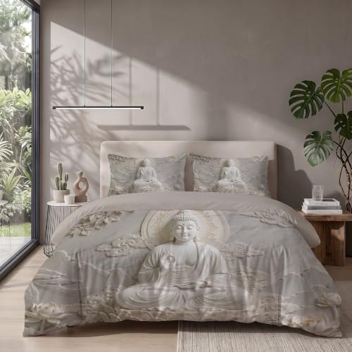 Parure de Lit 220x240cm, Statue De Bouddha sur Socle De Lotus Housse de Couette avec 2 Taies d'oreiller 65x65 cm, Style Zen en Marbre Ensemble de Literie Réversibles pour 2 Personnes