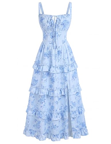 Women's Floral Corset Dress 2026 Summer Spring Wedding Guest Dresses Flowy Sundress with Pockets ICY Blue Floral M