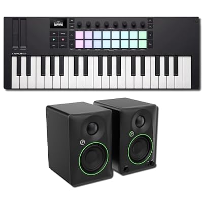 Novation Launchkey Mini 37 MK4 Mini MIDI Keyboard Controller Bundle with Mackie CR3.5BT Bluetooth Powered Monitors — Three Octaves, 16 RGB Pads, 50W Pair for Music Production, Beat Making, Home Studio