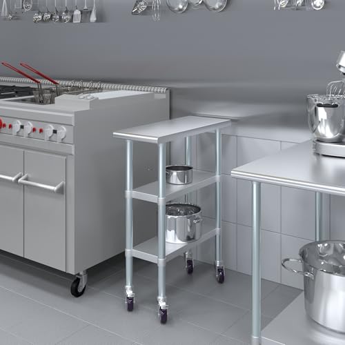 Image of AmGood Stainless Steel Work Table with 2 Shelves and Casters | Metal Utility Table On Wheels (Stainless Steel Work Table with 2 Shelves + Casters, 12 inch Long x 30 inch Deep)