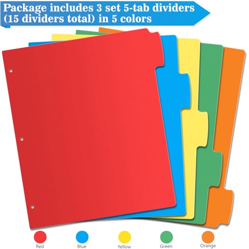V-Opitos 5-tab Index Dividers with 3 Holes Punched, Set of 3 Plastic Multicolor Dividers for 3 Ring Binders, 15 Pcs Dividers for School & Office Supplies