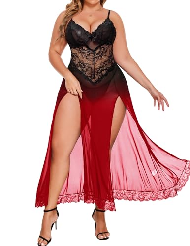 Image of Alrovetoney Plus Size Lingerie For Women Babydoll Sexy Mesh Maxi Nightdress Exotic Sleepwear Side Slits