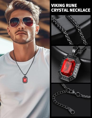 Image of ChainsHouse Viking Rune Pendant Necklace for Men Women, Punk Biker Black Metal /316L Stainless Steel Onyx Norse Vintage Amulet Necklaces with Black /Red /Green /Blue Gemstone, Send Gift Box