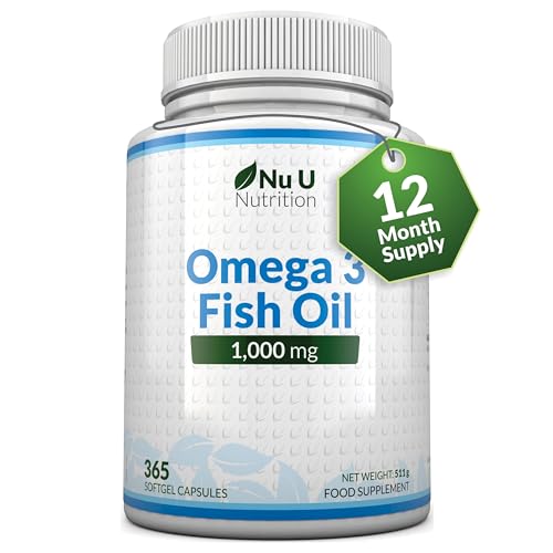 Omega 3 Fish Oil 1000mg - 365 Softgel Capsules - Up to 12 Month’s Supply - Pure Fish Oil with Balanced EPA & DHA - Contaminant Free Omega 3 - Made in The UK by Nu U Nutrition