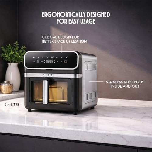 Image of Sujata Fryomatic Plus Air Fryer 6.4L | 2000W| Up to 80% Less Oil Usage | Bake, Grill & Roast| 8 Preset Modes| Digital Display & Touch Control Panel |Glass Window with in built Light | 2 Years Warranty