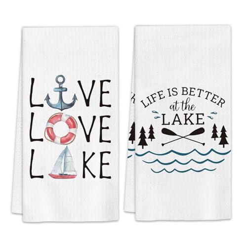 FIicy Lake House Decor Kitchen Towels Set of 2, Lake Gifts Dish Towels, Life is Better at The Lake Decorative Hand Towels for Bathroom Kitchen,Lake Lover House Bathroom Kitchen Decor(16x24 Inch)