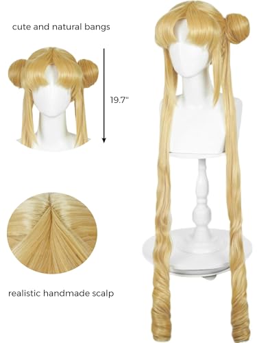 Image of Half and Half Long Blonde Anime Cosplay Wig with Bangs & Buns 39'' Blonde Curly Ponytail Wigs Cute Pigtails Costume Wig for Women Halloween Party