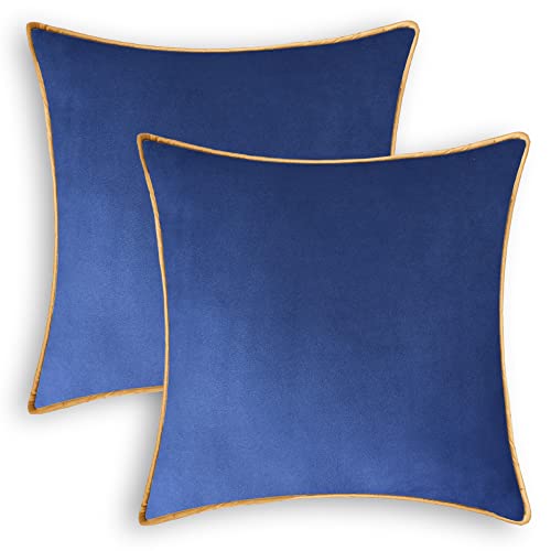 CaliTime Throw Pillow Covers Pack of 2 Super Soft Faux Suede Gold Piping Edge Accent Cushion Cases for Couch Bed Sofa Farmhouse Decorative 16 X 16 Inches Navy Blue
