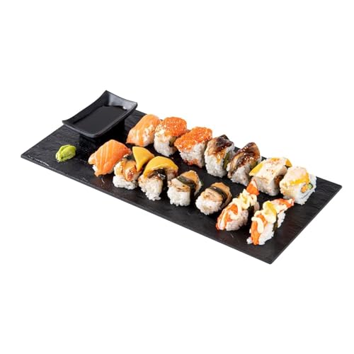 Restaurantware RWP0158B 16 X 7 Inch Serving Plates 25 Rectangle Charcuterie Boards - Premium Mimics The Look Of Slate Black Plastic Serving Platters Serve Appetizers Or Desserts cover