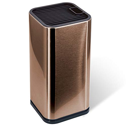 Rose Gold Stainless Steel Universal Knife Block Holder with Slots for Scissors or Sharpening Rod, Space Saver Knife Storage, Detachable for Easy Cleaning, Square Knife Holder For Safe