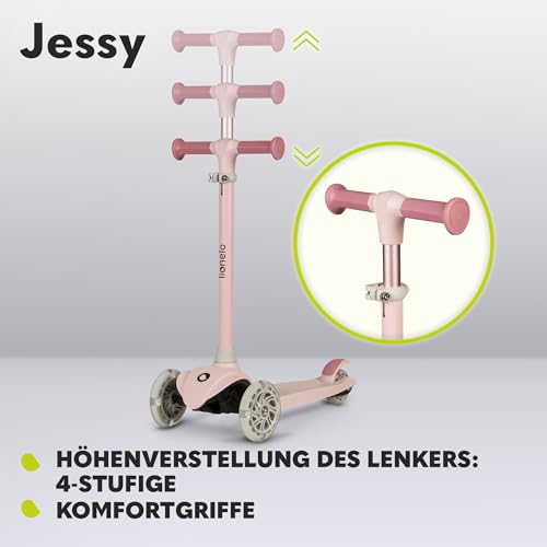 LIONELO Jessy Premium Dreirad-Kinderroller mit LED-Rädern für Kinder 3 Jahre bis 50 kg, Höhenverstellung und Rutschfester Plattform, Faltbarer Kinderroller. Kinderscooter ab Kleinkind Junge Mädchen
