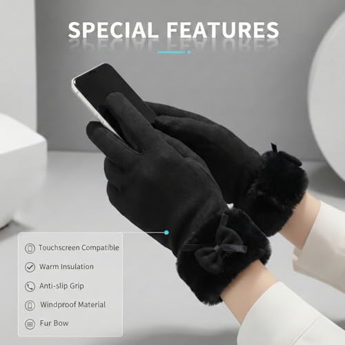 Image of Kraptick Women's Winter Woolen Gloves - Premium Thermal Fleece Lined Touchscreen Hand Warmer Gloves for Cold Weather, Cycling & Driving Soft Fur Cable Knit Elastic Mittens (Free Size, Purple Bow)-6