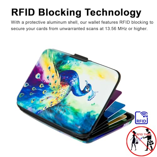 Image of Credit Card Holder Small RFID Blocking Wallet Business Metal Slim Mini Aluminum Hard Case for Women Men, Colorful Peacock, small, Minimalist, Compact, American
