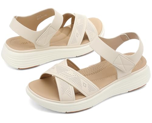 UBFEN Womens Platform Sandals Wedge Walking Comfortable Casual Adjustable Strap Lightweight Open Toe A Beige Women US 9 by UBFEN - Image 2