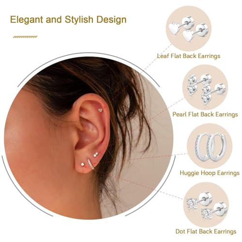 Hypoallergenic Flat Back Earrings for Women: Lightweight 14K Gold Plated Flatback Stud Earrings Sterling Silver Small Huggie Hoop Earrings for Cartilage Helix Lobe Earring Sets for Multiple Piercing (Silver) by Sweetkiki - Used condition - Image 4