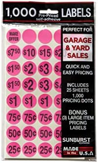 Sunburst Systems 7035 Priced Garage Sale Stickers, 1,000 Count Pre-Printed Labels, Pink