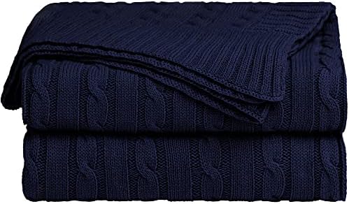 sourcing map Cotton Cable Knit Throw Blanket - Lightweight Soft All Season - Solid Crochet Sweater Texture Knitted Blanket for Couch Sofa Bed Car Home Decoration,47 x 70 Inches, Navy Blue