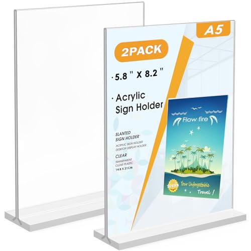 Flow fire A5 Acrylic Sign Holder, 2 Pack T-Shape A5 Clear Perspex Display Stand, Double-Side Menu Poster Sign Holder for Office Store Restaurant