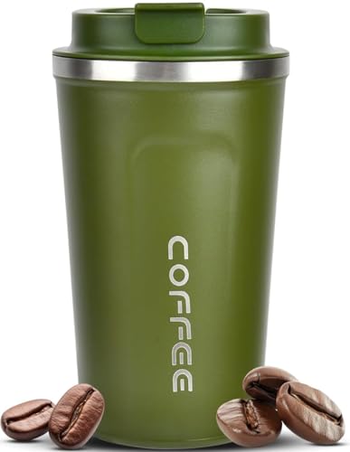 Image of Stvin 380ml Insulated Coffee Mug Travel, Stainless Steel Tumbler with Leak-Proof Lid, Reusable Thermal Cup for Hot & Cold Drinks, Car, Office, Camping & More (Green)