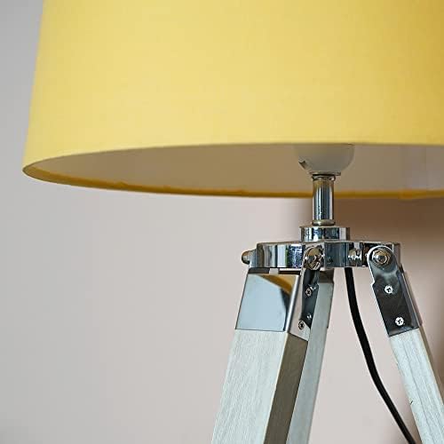 MiniSun Modern Distressed Wood and Silver Chrome Tripod Table Lamp with a Mustard Tapered Light Shade