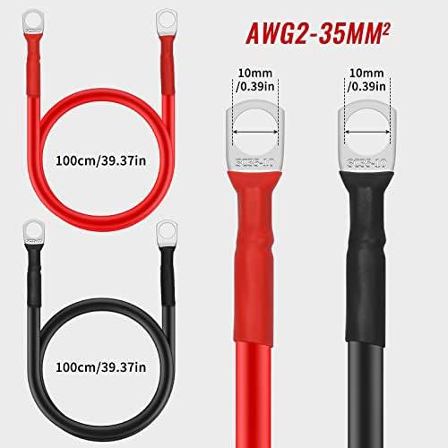 Elecoutek 2 Pcs Battery Cables 100cm, 12v Battery Leads 2 AWG 35mm² Red and Black Battery Inverter Cables with M10 Terminals Copper Jump Leads for Car, Auto, Truck, Motorcycle, Solar, Marine