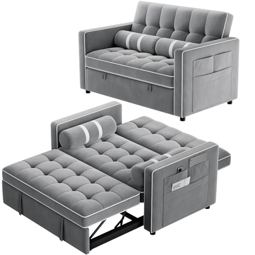 Pipishell 3 in 1 Convertible Sleeper Sofa Bed,Pull Out Couch for Living Room with USB Ports & Side Pockets,Adjustable Backrest,Velvet,Loveseat Sofa Bed,Futon Couches