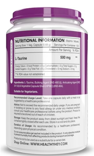 HealthyHey L-Taurine - Amino Acid Supplement - 120 Vegetable Capsules