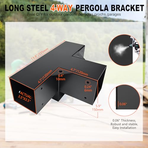 Image of 4-Way Pergola Brackets Kit, DIY Right Corner Woodwork Brackets for 4 inch x 4 inch (Actual:3.5 inchx3.5 inch) Lumber for Patio Pergolas, Gazebos, Log Cabin W /Hardware (2 Pack)